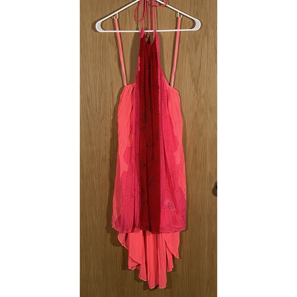 Ted Baker Women's M Sheer Halter Dress Swim Cover Hot Pink Red Hi-Lo Flowy Boho